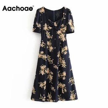 

Women Short Sleeve Floral Print Elegant Dress Square Collar Pleated Vintage Dress Summer Back Zipper Midi Dress Vestidos Mujer