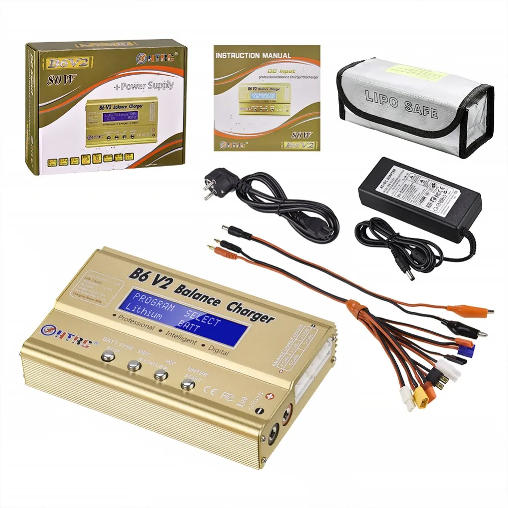 

HTRC B6 V2 80W LiPo Battery Charger + 8 in 1 Charger Cables Set+15V6A AC Adapter +Lipo Safe Bag LED Balance Discharger 1S-6S