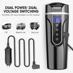 Calentador de agua portátil para coche, botella de acero inoxidable, hervidor de agua con pantalla LCD de temperatura, 12V y 24V