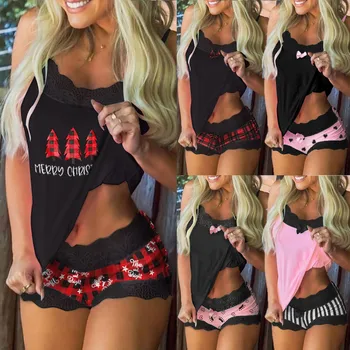 

Women Christmas Print Pajamas Sleeveless Lace Cami Shorts Lingerie Sleepwear Set Fashion sexy home ladies underwear pajamas set