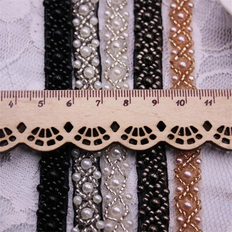 Pearl Beaded Trim Bridal Lace Ribbon Crystal Rhinestone Applique Trim straps for Craft Sewing Wedding Dress DIY Fabric 1 Yards