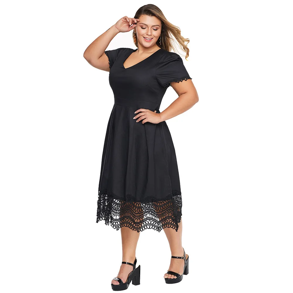 5XL плюс Размер летнее платье для женщин Мода V шеи короткий рукав кружева лоскутное платье с высокой талией вечернее платье туника