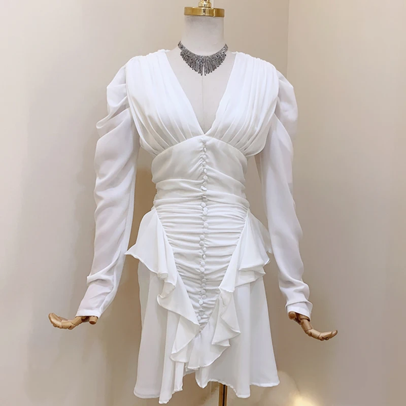 HIGH QUALITY Newest 2020 Designer Runway Dress Women's Long Sleeve V-neck Ruffle |