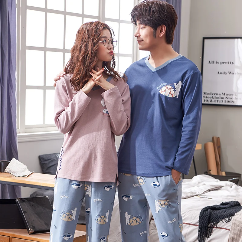 Осенняя Пижама зимняя Хлопковая пижама с длинными рукавами для мужчин и женщин