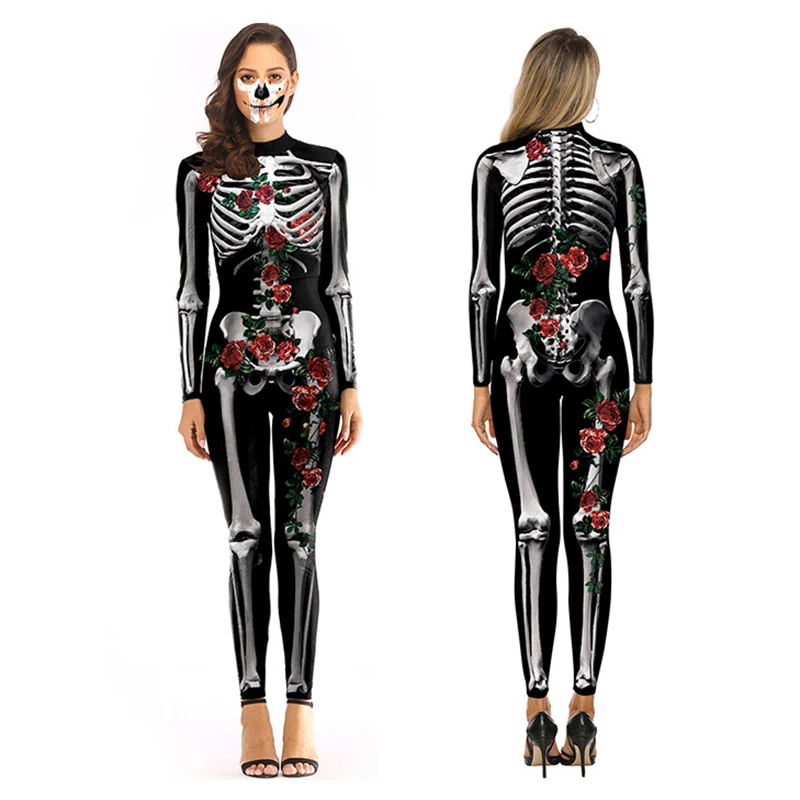 Костюмы скелета на Хэллоуин для женщин страшный комбинезон обтягивающие черепа
