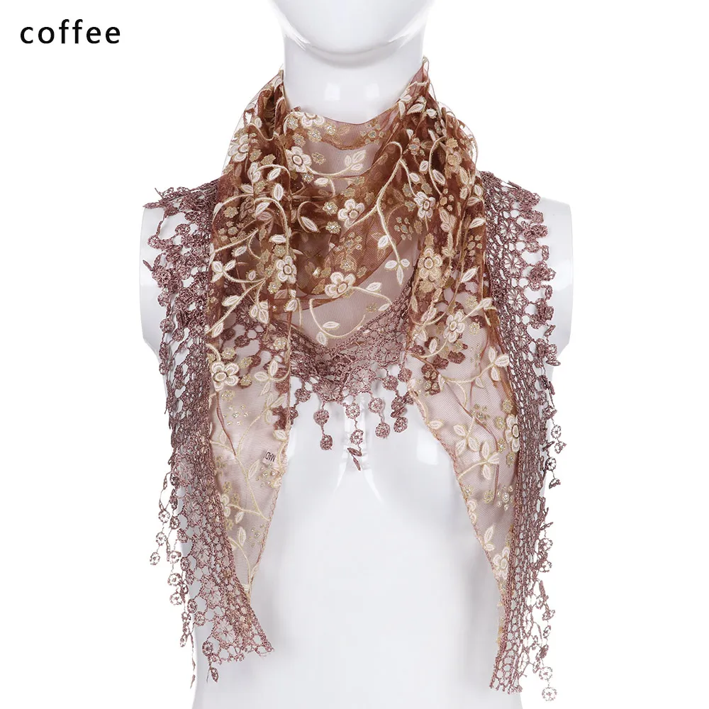 coffee Новые модные кружевные прозрачные шарфы с цветочным принтом треугольная вуаль церковные обертывания мантилия платок-шарф с кисточками простой удобный - Цвет: coffee