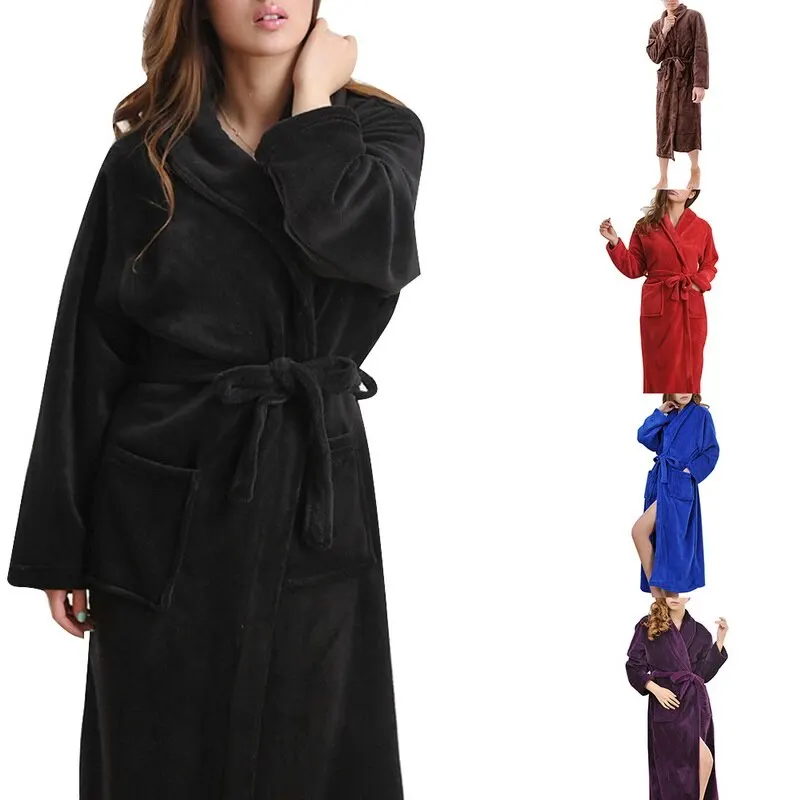 

Women Mujer Dressing Gown Winter Solid Bathrobe Long Robes For Women Flannel Sleepwear Belt Drawstring Waist Bath Robe Femme