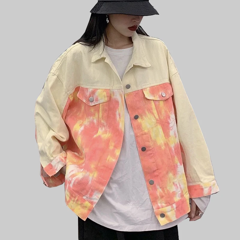 

Hip Hop Patchwork Print Jeans Jacket Women Cotton Casual Streetwear Autumn Denim Jacket Coat For Women Oversized Bomber Jacket