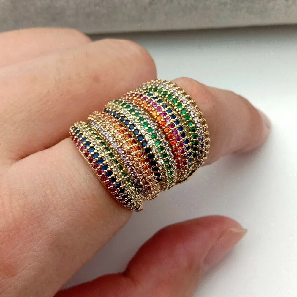 

Big Statement Noble Golden Color rainbow CZ elegance lady Ring open adjust rings