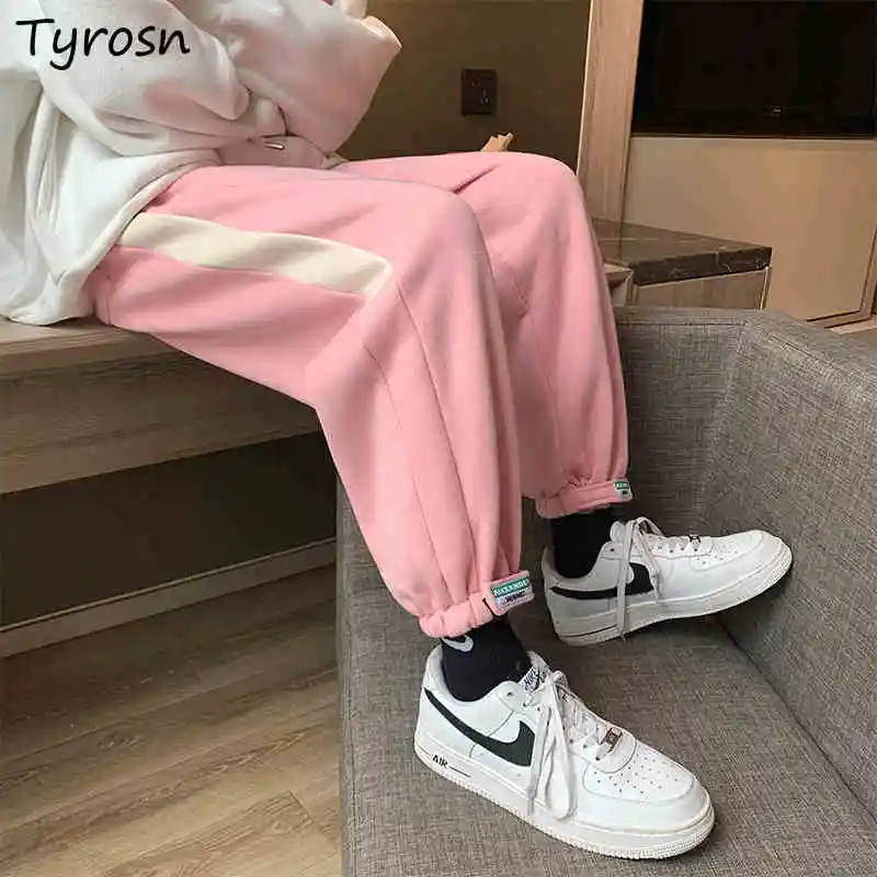 

Women Causal Pants Patchwork Thicken Ins Loose Tie Feet Vintage Streetwear Leisure All Match Fashion Harajuku High Waist Ulzzang