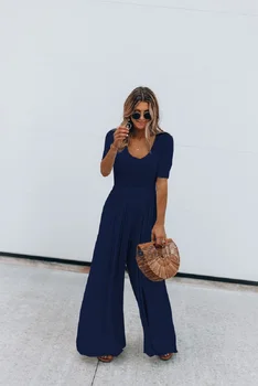 

High Waist Jumpsuit Women 2020 Summer New Style Temperament Thin Round Neck Solid Color Casual Pants Trousers Fashion Jumpsuit