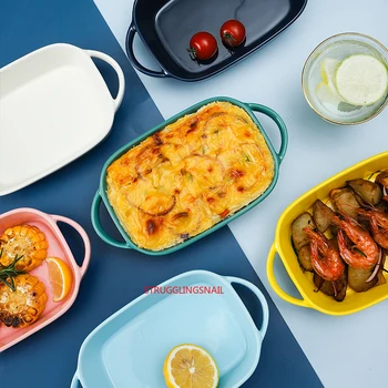 

620ml Ceramic Binaural Rectangular Cheese Baked Plate Pan Baking Dish Tray Western Dishes Oven Bowl High Temperature 600C
