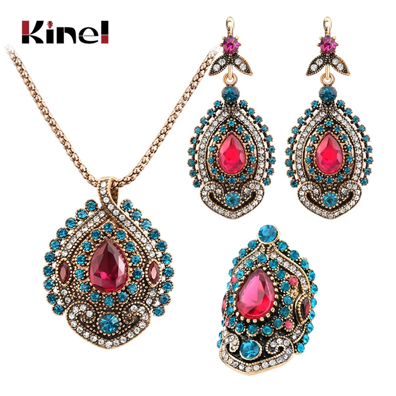 Kinel 3Pcs Vintage Jewelry Sets For Women Antique Gold Pink Crystal Wedding Party Earrings Necklace Ring Female Turkish Jewelry