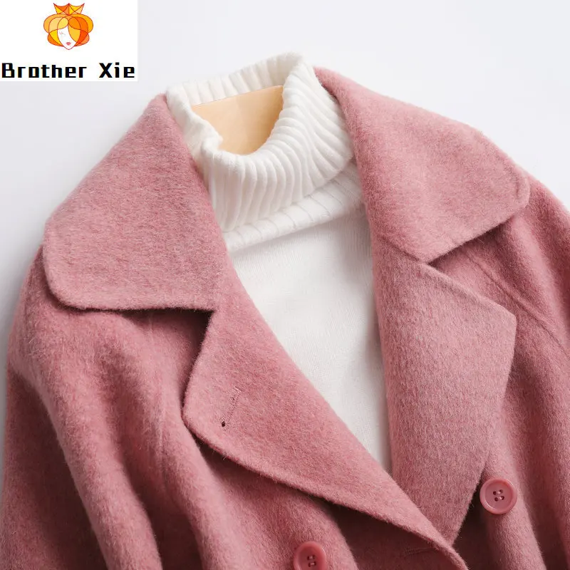 

Factory outlet wine red double-sided cashmere coat female version with little Han Kuo thickening belt loose high-end