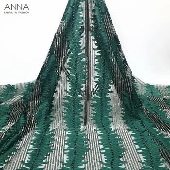 

Green lace fabric embroidered with beads french laces fabrics high quality tulle french sequins lace chiffon fabrics for dresses