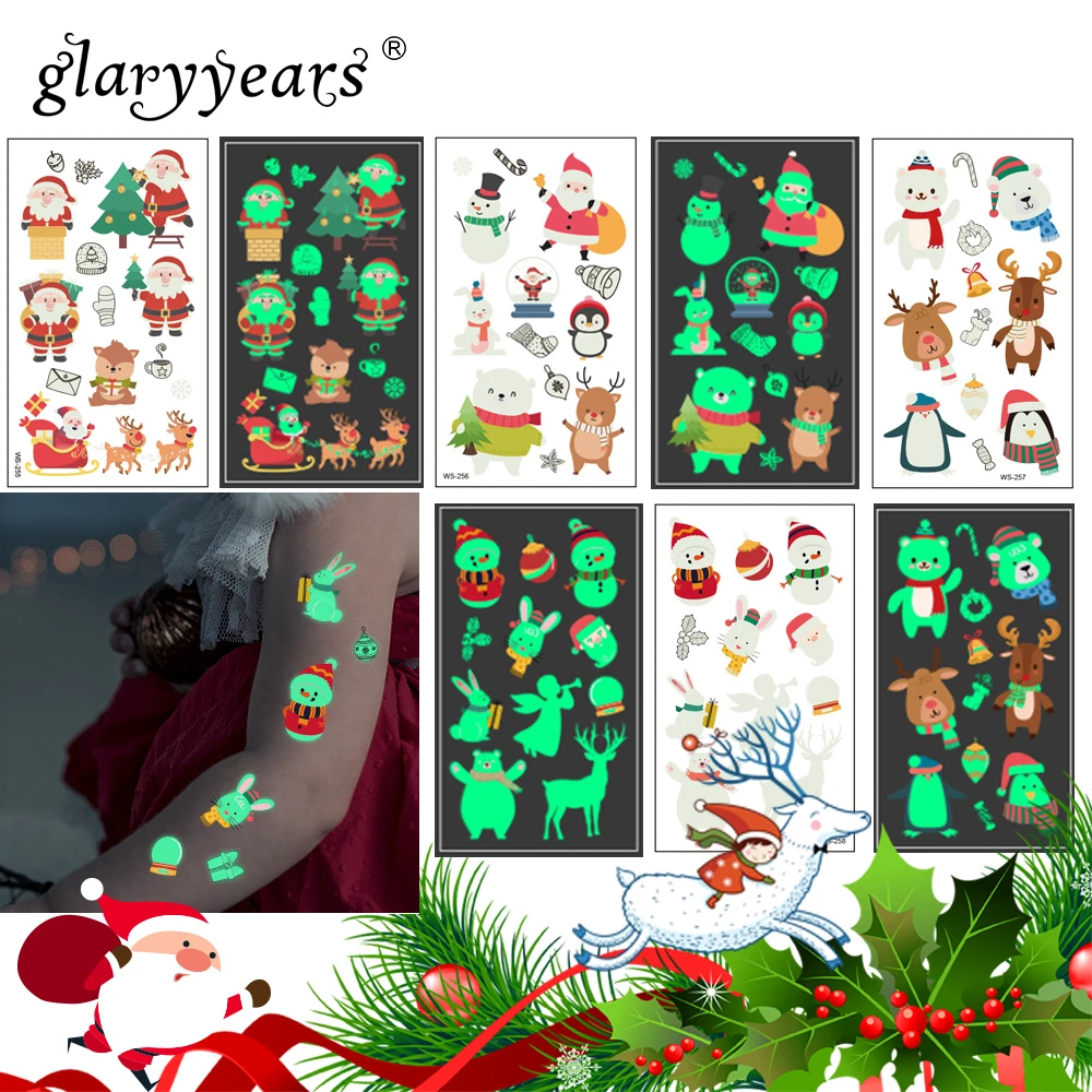 

glaryyears 1 Sheet Luminous Kids Temporary Tattoo Sticker Fake Christmas Flash Waterproof Fashion Small Body Art For Child