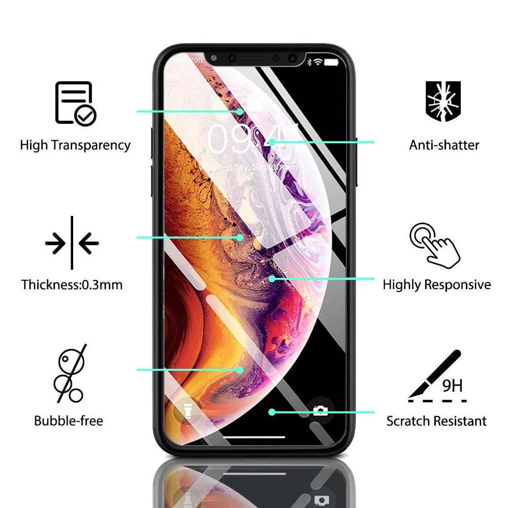 Закаленное стекло для iPhone XR X XS 11 Pro Max Защитная пленка экрана 7 8 Plus защитное 3