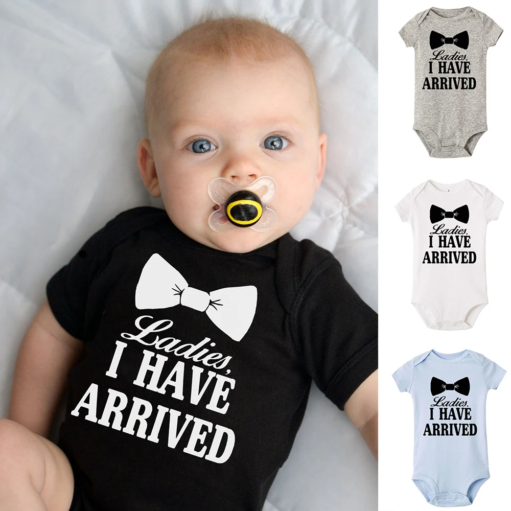 Ladies Newborn Baby Boys Rompers Cravat Print Bodysuit Short Sleeve