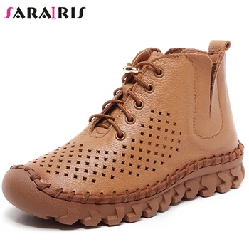 

SARAIRIS Brand New Female Fashion Lace Up Hollow Sewing Ankle Boots 2020 Casual Boots Women Genuine Leather Shoes Woman