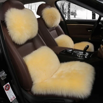 

AUTOYOUTH Car Seat Cover with Australian Pure Wool Car Seat Cushion with Fur Headrest, Back Holder Gold