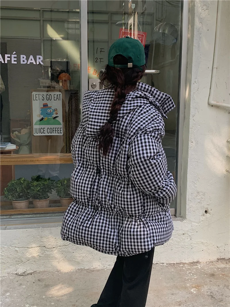 Hooded Thick Warm Padded Coat For Women Winter Casual Plaid Spongy Quilted Jacket Ladies Casual Streetwear Cotton Padded Outwear