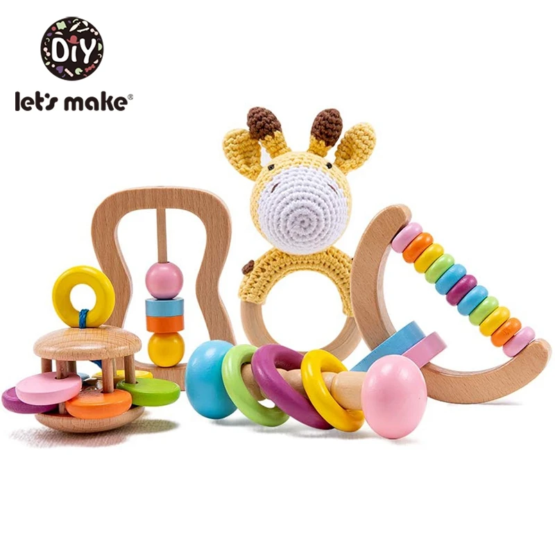 Let's Make Wooden Rattle Hand Teething Wooden Ring Baby Rattles Play