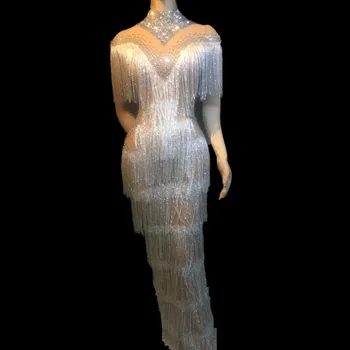 

Mesh See Through Crystals Long Dress Women Sexy Evening Party Rhinestones Tassel Dress Wedding Fringes Dress Singer Stage Outfit