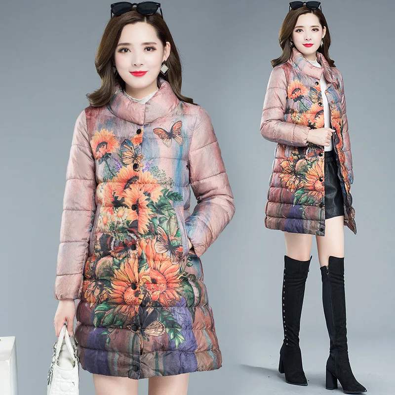 

Mid-length Printed Cotton Overcoat Women's 2019 Winter New Style Elegant Thin Western Style Fashion Warm Cotton Coat Fashion