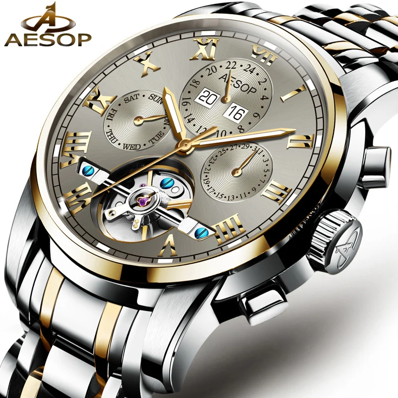 Comprar Reloj de pulsera automático AESOP para hombre, reloj de esqueleto Tourbillon, relojes mecánicos de acero inoxidable, reloj Masculino, reloj Masculino