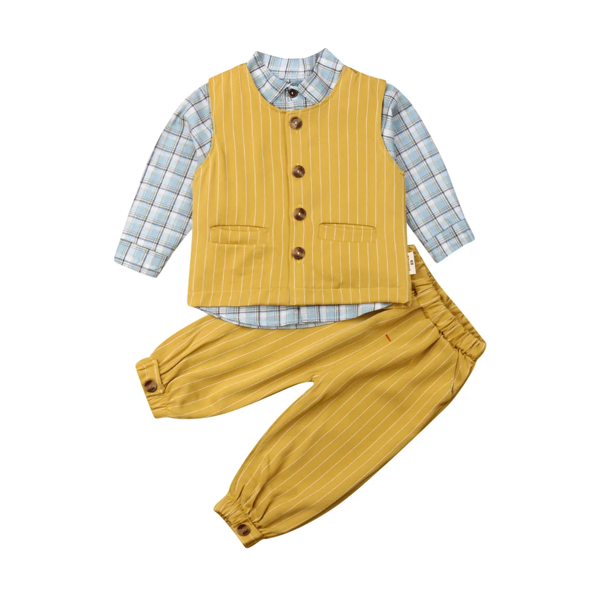 Комплект одежды из 3 предметов, детский клетчатый деловой костюм для малышей, смокинг, топики для мальчиков, штаны, пальто, модная одежда для новорожденных мальчиков - Цвет: Цвет: желтый