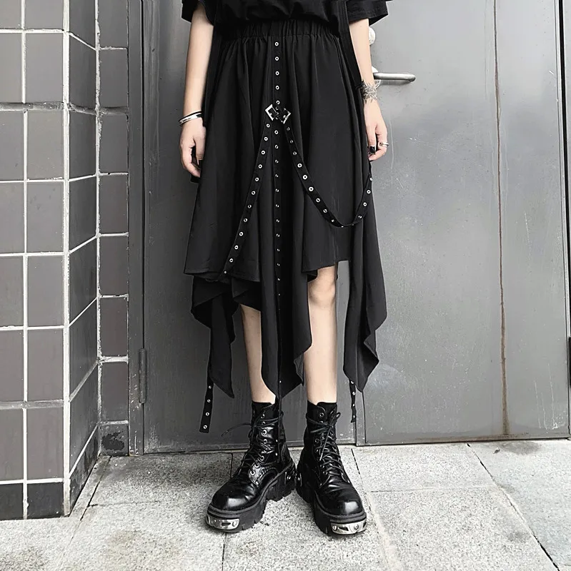 Сексуальная эластичная высокая Талия Панк Пряжка пояс лента Harajuku черная Асимметричная юбка в готическом стиле женская хип хоп Корейская миди длинная уличная