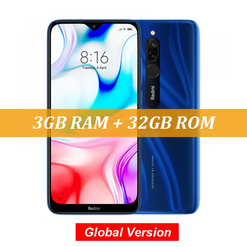 Xiaomi Redmi 8 с глобальной версией, 3 ГБ, 32 ГБ, Восьмиядерный процессор Snapdragon 439, двойная камера 12 МП, мобильный телефон с большой батареей емкостью 5000 мАч, OTA - Цвет: Blue