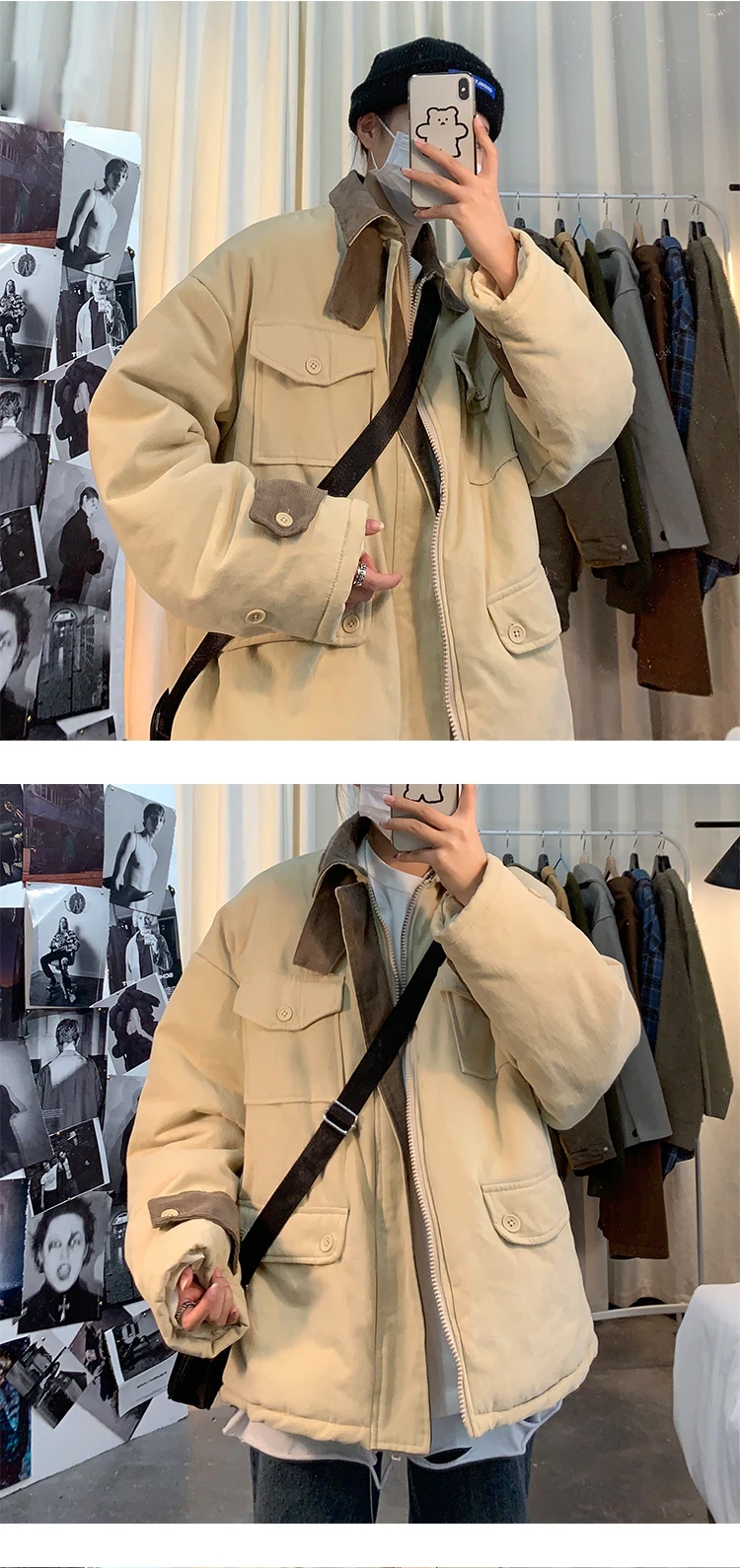Winter Padded Jacket Men's Warm Fashion Parka Men Solid Color Casual Multi-pocket Tooling Jacket Man Wild Loose Cotton Coat