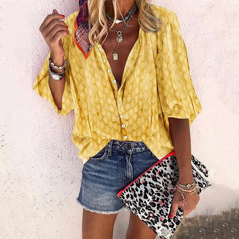

Womens Boho 3/4 Sleeve Button Down T Shirt Ladies Loose V Neck T Shirt Top Plus Size Summer Woman 6 Color Casual Street Shirt