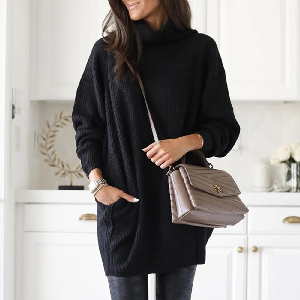 

Women Turtleneck Long Sweater Winter Warm Solid Pullovers Long Sleeve Soft Female Sweater Casual Loose Tops Plus Size 3Colors