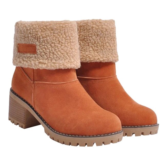 women cute warm short boots suede chunky mid heel round toe winter snow ankle booties