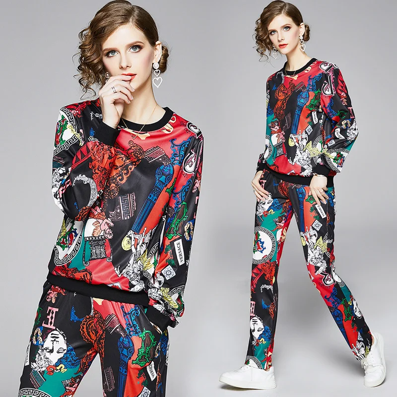 

ZUOMAN 2020 Autumn Fall Runway 2 Piece Women Sets Retro Vintage Print Pullover Top Sweatshirt Pant Suits Outfits Tracksuits