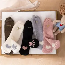 Махровые носки с вышивкой в виде кошачьего хлеба; домашние тапочки с пушистыми ушками; женские носки-тапочки в стиле Харадзюку; зимние Утепленные коралловые бархатные носки для женщин
