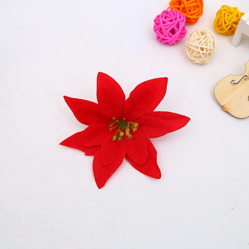 10 шт. искусственные красные рождественские цветы Poinsettia Цветок голова шелк Бархат год Рождественская елка украшения - Цвет: 12cm