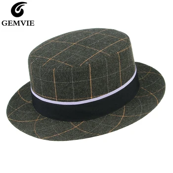 

British Style Men Jazz Cap Boater Fedora Hats Fashion Plaid Flat-top Narrow Brim 100% Wool Felt Hats