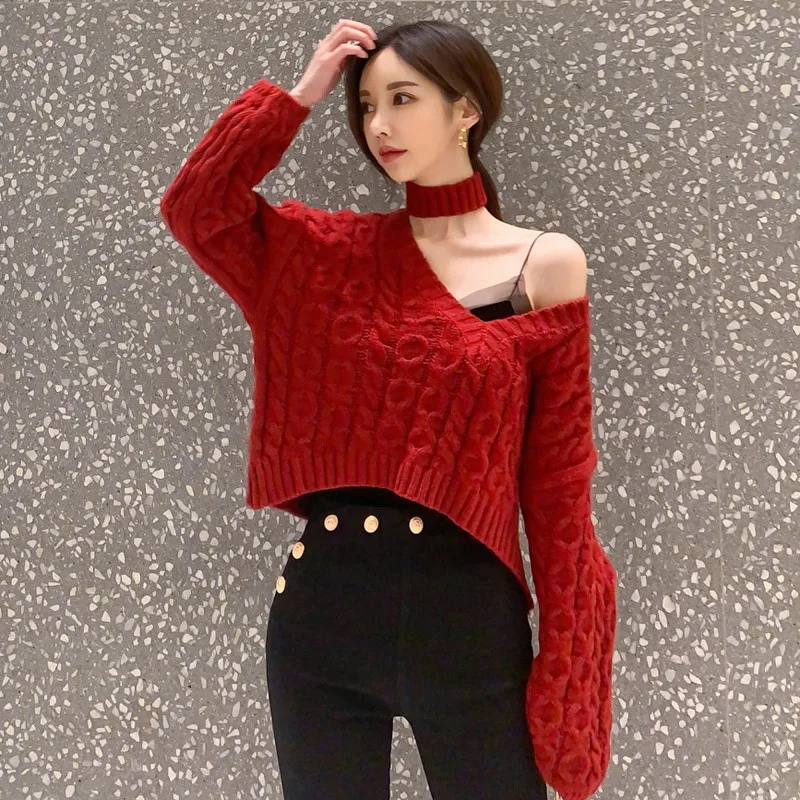 Короткий свободный свитер с v-образным вырезом, Женский Топ в Корейском стиле, новинка, осенний и зимний женский модный пуловер, вязаные топы - Цвет: Красный