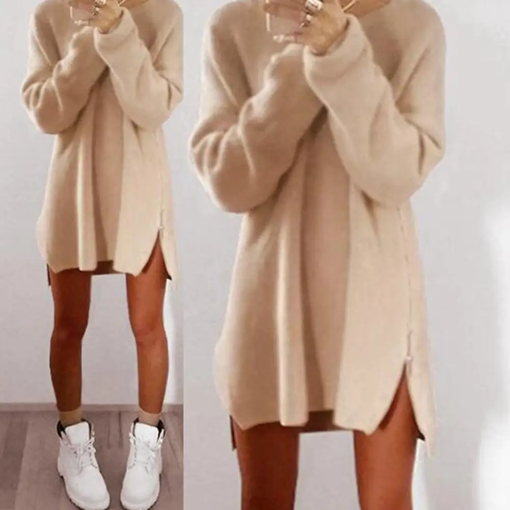 2019 Women Sexy Solid Color Long Sleeve O Neck Sideway Zip Loose Mini Sweater Dress Christmas Gift For Female Friend | Женская одежда