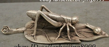 

Folk Chinese Silver Animals Bronze Locust Stalking Snail Leaf Statue Sculpture