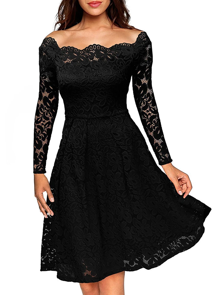 

2019 Spring Summer Sexy Women's Lace Hollow Short Dress Evening Off Shoulder Solid Color Short Sleeve Elegant Gown Female Retro