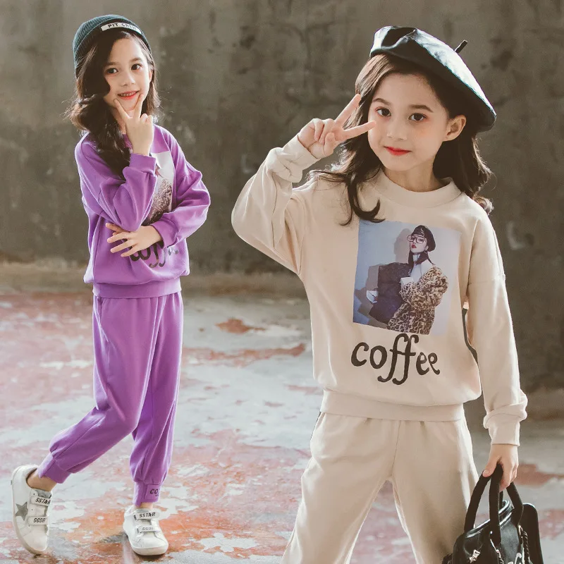 

New Fashion Kids Tracksuit Girls Clothes Casual Kids Clothing School Outfit Print Sweatshirt + Pant Suits For Girls Sport Suit