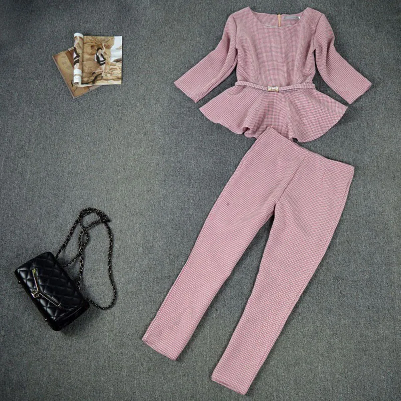 Tanie Nowy 2020 wiosna jesień moda damska spodnie biznesowe garnitury Houndstooth Checker wzór Ruffles garnitury dla kobiet 2 sztuk zestaw