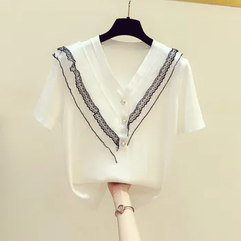 

Fashion V-Neck Button Women Shirts 2020 Summer New Short-Sleeved Slim Lady Elegant Shirts Outwear Tops