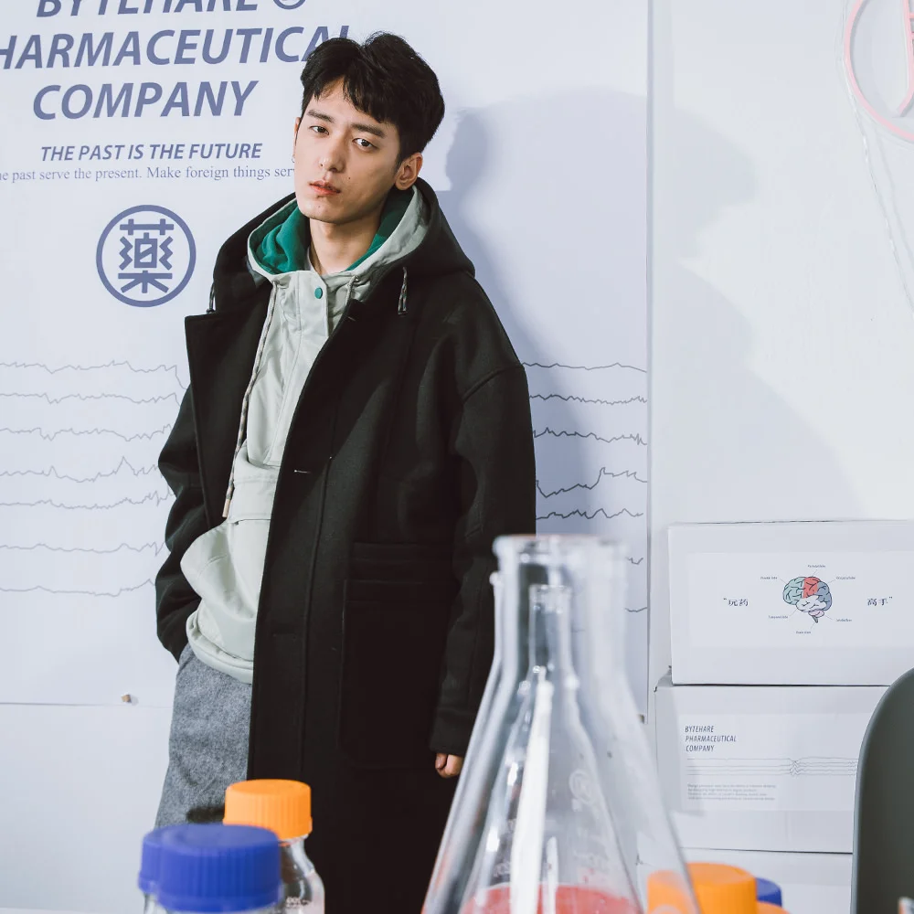ByteHare Play Drug Bureau зимняя длинная куртка с капюшоном свободная пара шерстяное пальто Мужская куртка