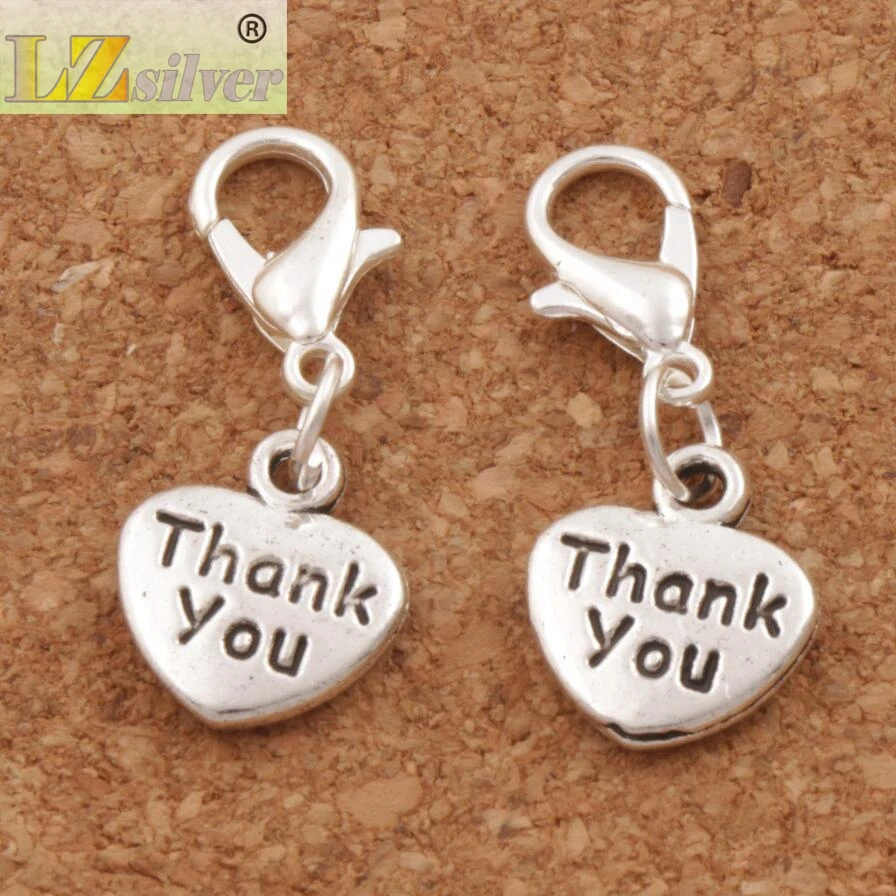 Thank You Heart Lobster Claw Clasp Charm Beads 100ps  26.6x10.9mm Zinc Alloy Jewelry DIY C373