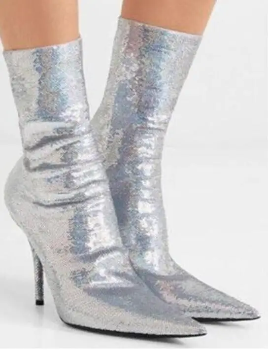 2020 Fashion New Women Point Toe Boots Gold Blings Half Boots Thin Heel